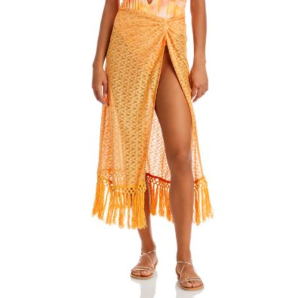 Ramy Brook Gaia Skirt Size Large Orange Metallic Crochet Fringe Cover-Up Beach